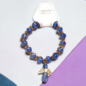 Blue Crystal Angel Charm Beaded Stretch Gold Tone Bracelet NWT